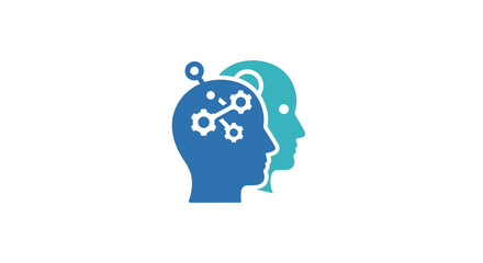 Two head profiles one with gears and connections representing artificial intelligence and machine learning