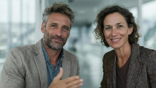 Two business partners smile and finalize an agreement with a firm, confident handshake.