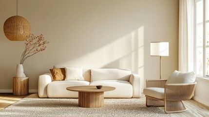 Modern living room with neutral-toned furniture, soft textured sofa, wooden coffee table, and natural decor, ideal for home interior design, decor inspiration, and lifestyle content