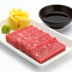 Fototapeta premium Arrangement of thinly sliced raw beef tenderloin with condiments displayed on white background