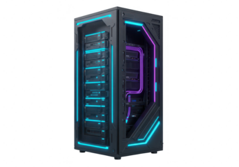 Photo of a modern computer server with neon lights isolated on transparent background, showcasing advanced technology and data management capabilities