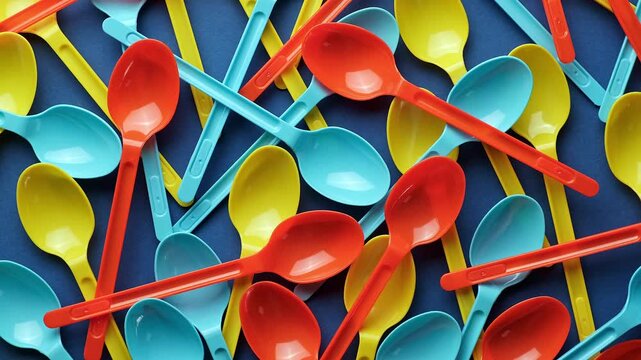colorful plastic spoons on the blue table - closeup