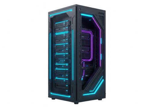Photo of a modern computer server with neon lights isolated on transparent background, showcasing advanced technology and data management capabilities - Powered by Adobe