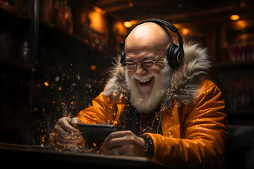 Senior man with headphones wearing orange jacket laughs while playing a game on a tablet in a dark setting