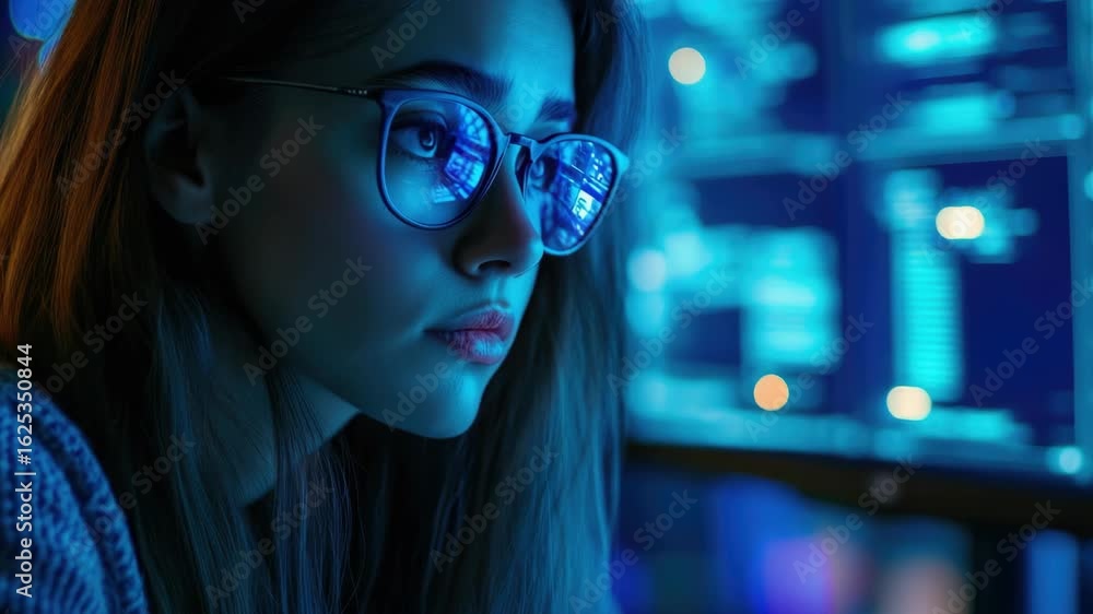 Poster woman wearing glasses deeply engaged in computer screens, working in a data center or server room wi