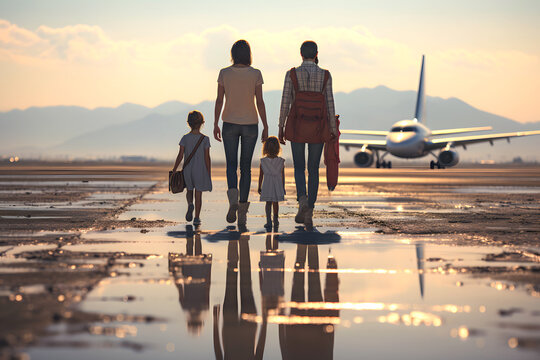 Family walks towards airplane on runway during sunset near mountains