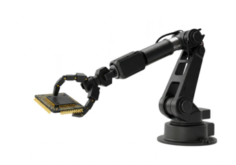 Photo of a black robotic arm delicately holds a microchip, isolated on transparent background, symbolizing advanced technology and automation in manufacturing