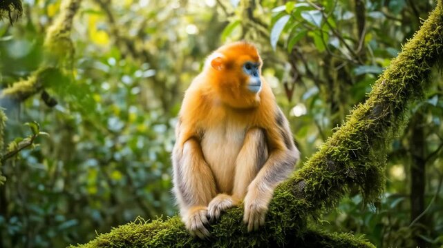 Golden Snub-nosed Monkey in Lush Forest - A golden snub-nosed monkey sits perched on a moss-covered branch in a dense, verdant forest.