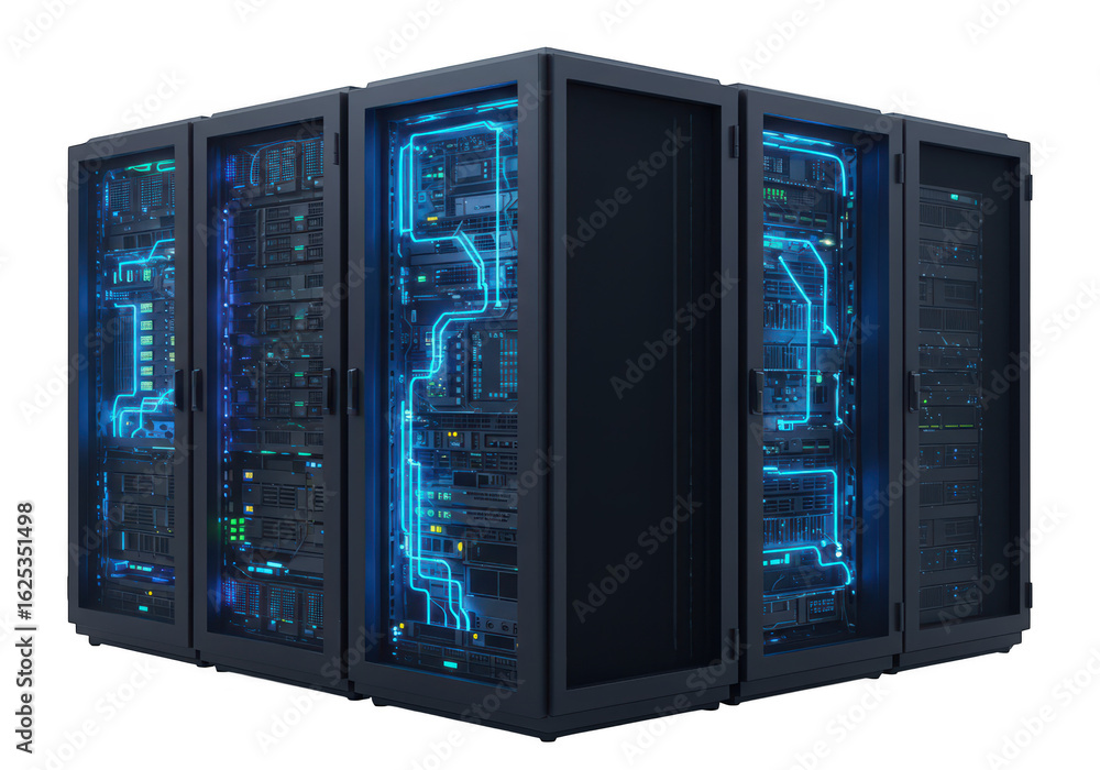 Poster photo of a group of computer servers with glowing neon lights isolated on transparent background, re