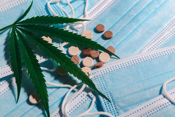 Large fresh medical cannabis leaf with medicines and medical masks