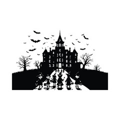 Halloween haunted house with children trick or treating
