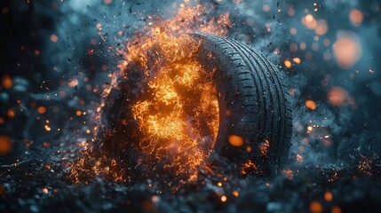 Tire engulfed in fiery burst amidst smoky debris, dark & dramatic setting