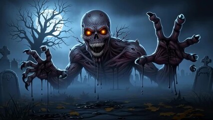 Scary zombie creature in graveyard at night with full moon and creepy trees. halloween horror concept animation.