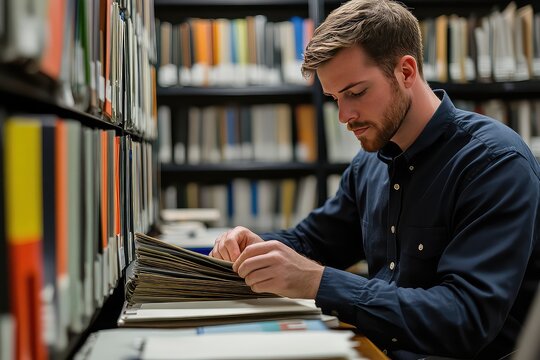 An office worker organizing files into labeled folders, emphasizing the importance of systematic document storage