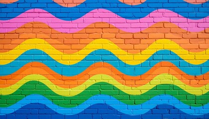 Fototapeta premium vibrant mural painted on a brick wall, featuring horizontally flowing wavy stripes in bright hues of orange, yellow, green, blue, pink, and purple, creating a lively and energetic abstract composition