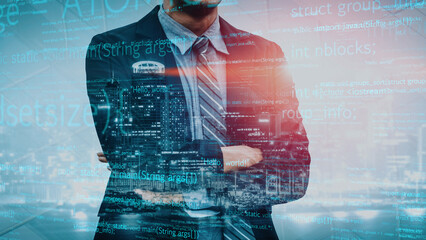 A professional businessman stands confidently with arms crossed, set against a digital cityscape overlayed with code, symbolizing innovation in technology and finance. Xenic