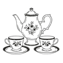 Black and white illustration of porcelain teacup set isolated on white background