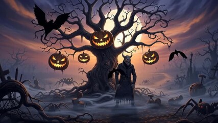A spooky Halloween scene with a creepy monster, glowing jack-o'-lanterns, and spiders under a moonlit sky, horror night footage.