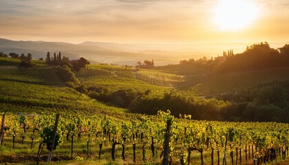 vineyards and landscape at sunrise with rolling hills
