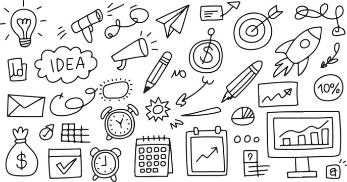 Doodle style business elements representing ideas planning goals financial growth and strategies for successful company development and positive results