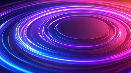 Abstract swirling neon lights, vibrant pink and blue circles, dark background, ideal for tech or music visuals