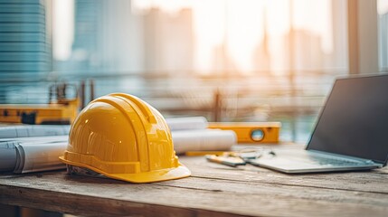 Construction Site Planning With Yellow Hard Hat And Laptop