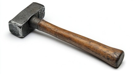 Well-used sledgehammer with worn wooden handle, lying diagonally on white