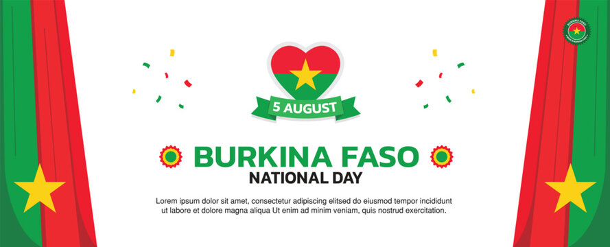 burkina faso Independence Day Design, minimalist template of August 5th design elements with flag curtains on both sides, burkina faso map and flag in poster and banner form