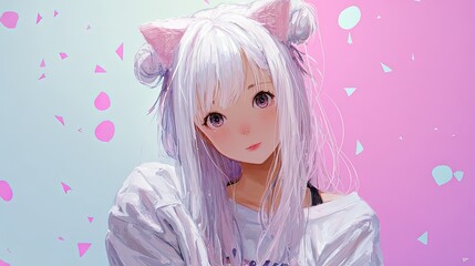 Cute anime girl with cat ears pastel pink and purple background kawaii aesthetic playful expression wallpaper