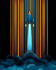 Art Deco style: stylized rocket launch, bold vertical deco streaks, neon blue thrust over dark sky
