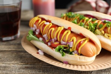 Delicious hot dogs with sauces, lettuce and onion on wooden table, closeup