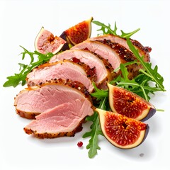 Delicious sliced duck breast accompanied by fresh figs and arugula on white background