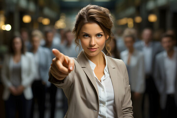 Fototapeta premium Confident young woman gestures toward camera in a professional setting with blurred colleagues behind her