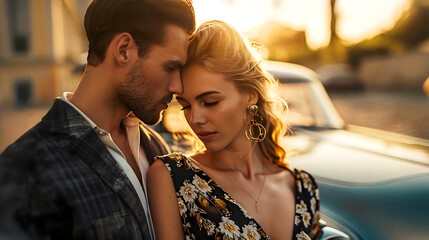 Couple embraces tenderly against a vintage car during golden hour in a romantic outdoor setting