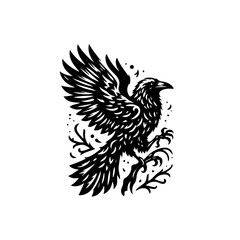 Fototapeta premium Majestic Black Raven in Flight with Ornate Wings.