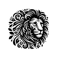 Fototapeta premium Majestic lion head with ornate floral and swirl patterns.