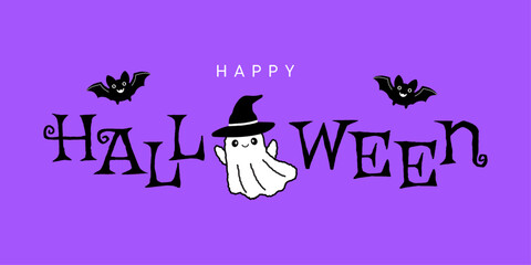 Happy Halloween. A horizontal vector banner features a hand-drawn ghost, bats on a purple background. Trendy doodles meet modern typography design with a fun, festive Halloween-themed vector banner.