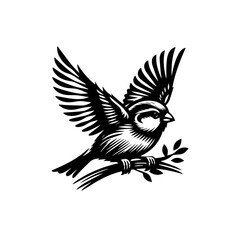 Small bird with open wings perched on a leafy branch black and white graphic illustration.