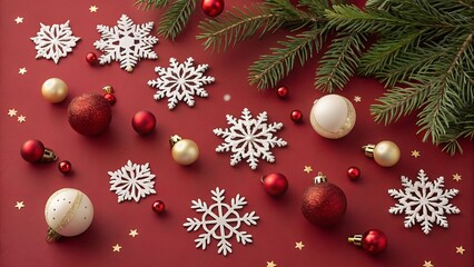 Festive christmas arrangement with snowflakes ornaments and fir branches on red background