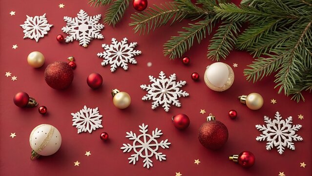 Festive christmas arrangement with snowflakes ornaments and fir branches on red background