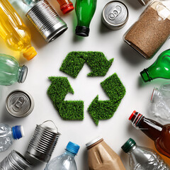 Green recycling symbol made of grass surrounded by various recyclable materials including plastic bottles glass bottles and aluminum cans