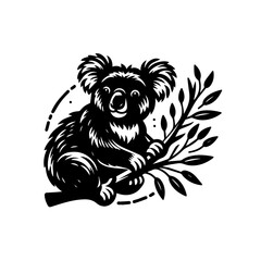 Fototapeta premium Stylized Black and White Koala on Eucalyptus Branch.