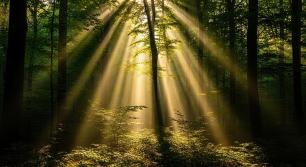 Fototapeta premium Sunlight streams through the dense forest canopy illuminating the green foliage