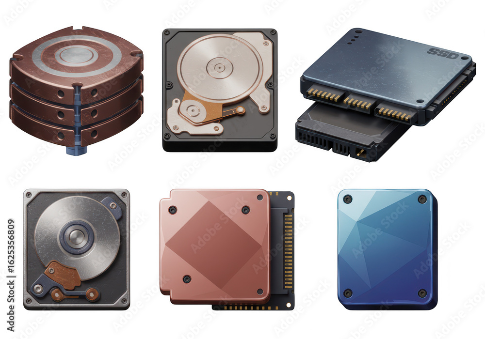 Poster photo of various computer hard drives and ssds are displayed, isolated on transparent background
