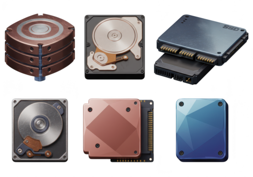 Photo of various computer hard drives and ssds are displayed, isolated on transparent background