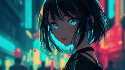 Stunning anime girl with glowing blue eyes neon cityscape at night cyberpunk style ultra-detailed vibrant colors