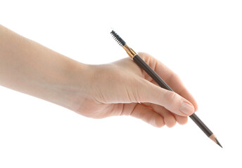 Woman with eyebrow pencil on white background, closeup