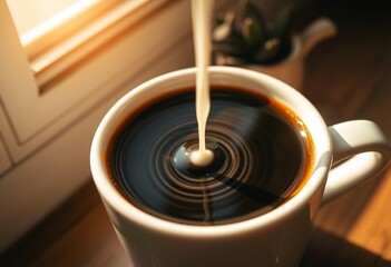 Artistic shot of milk in black coffee