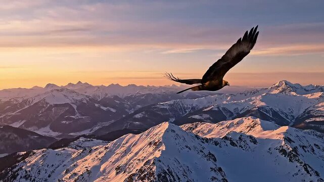 Majestic eagle soaring over snow-capped mountains at sunset, showcasing nature's beauty and freedom