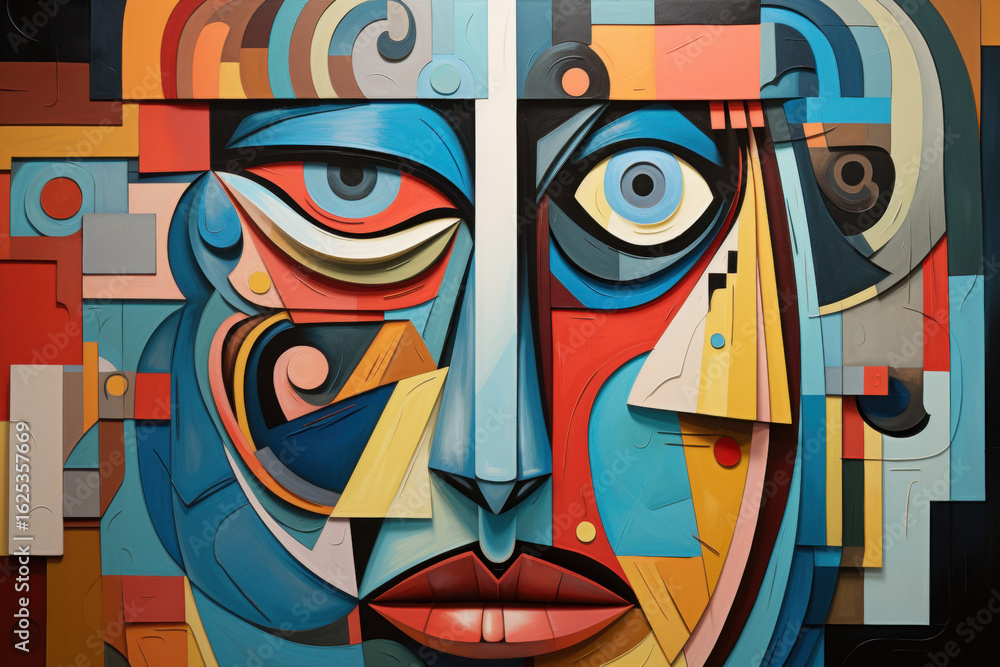 Poster abstract face rendered in cubist style with split profile and jagged colorful shapes